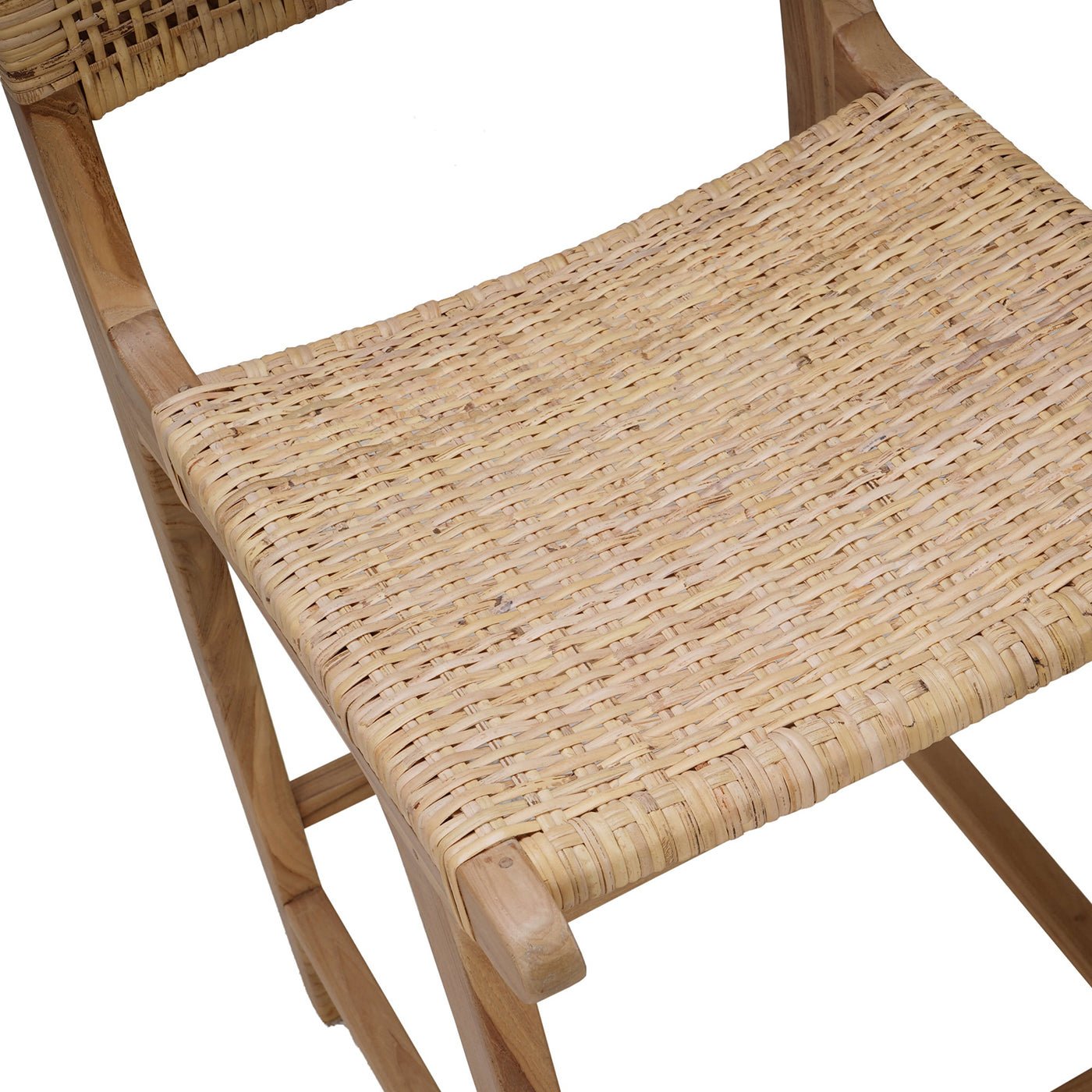 Close-up of woven seat on teak barstool.