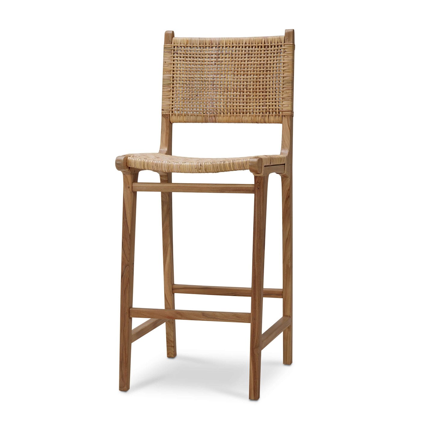 Teak barstool front view with woven seat detail.