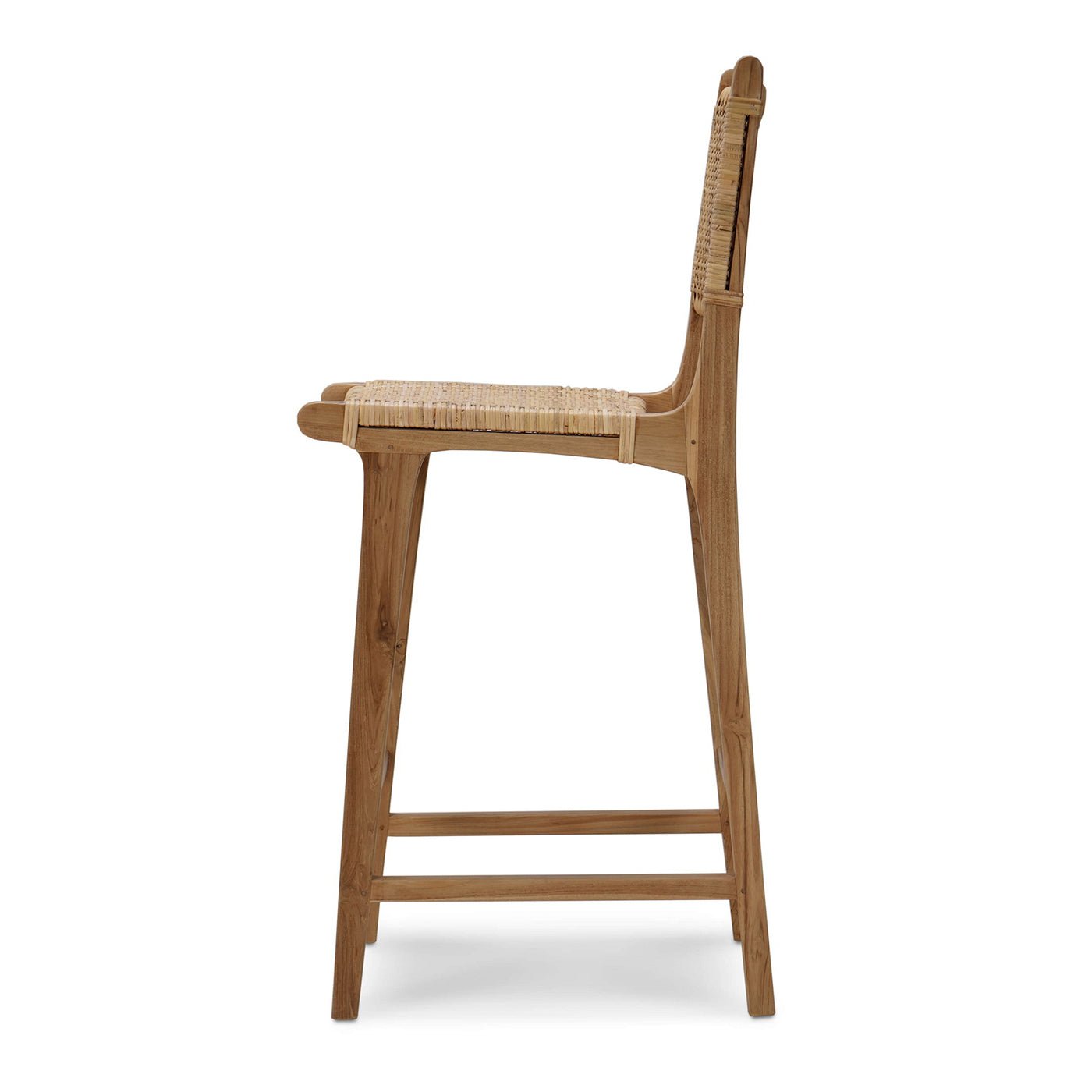 Teak barstool side profile showing sleek design.