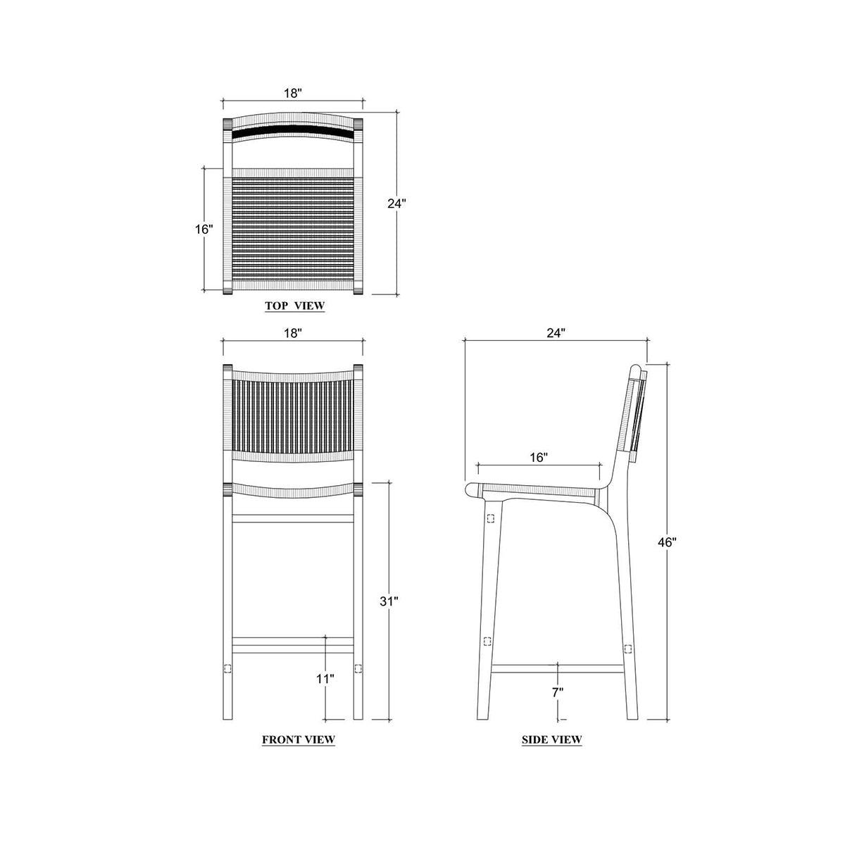 Teak barstool dimensions diagram showing measurements.
