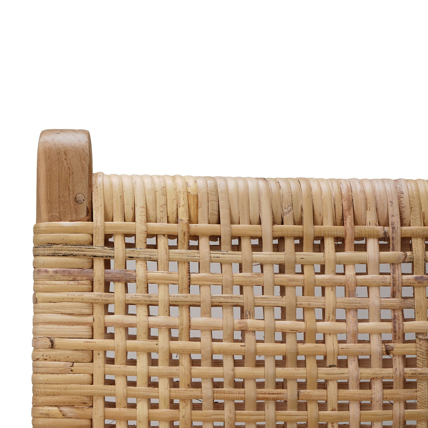 Close-up of woven backrest on teak barstool.