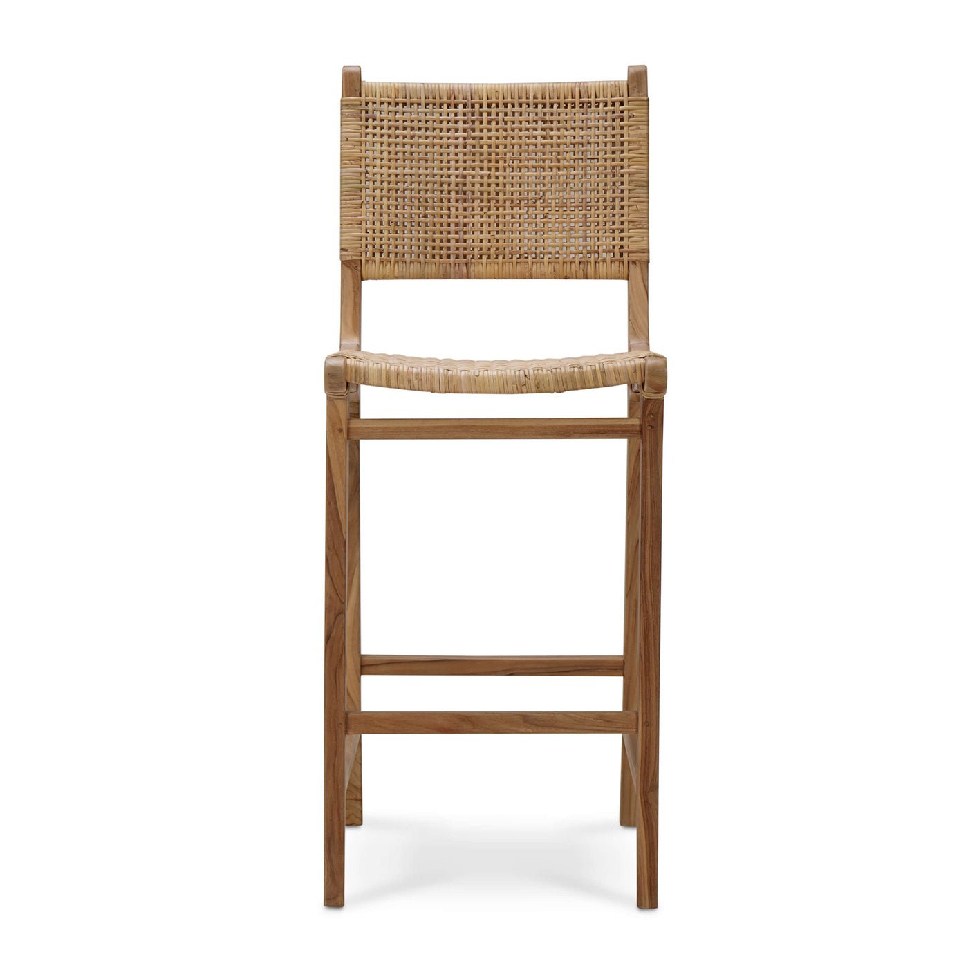 Teak barstool front view highlighting woven backrest.