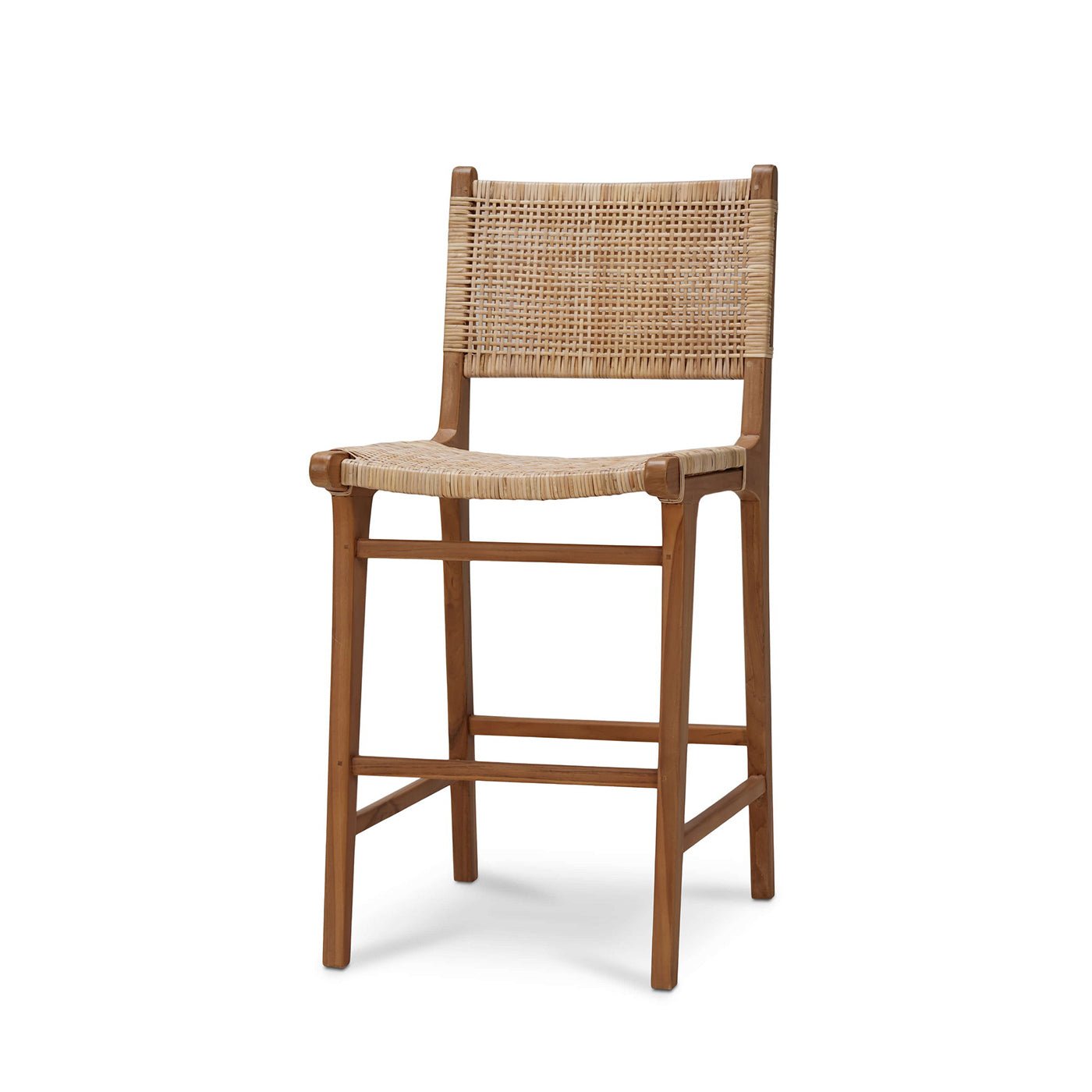 Teak counter stool, front angle view, woven seat.