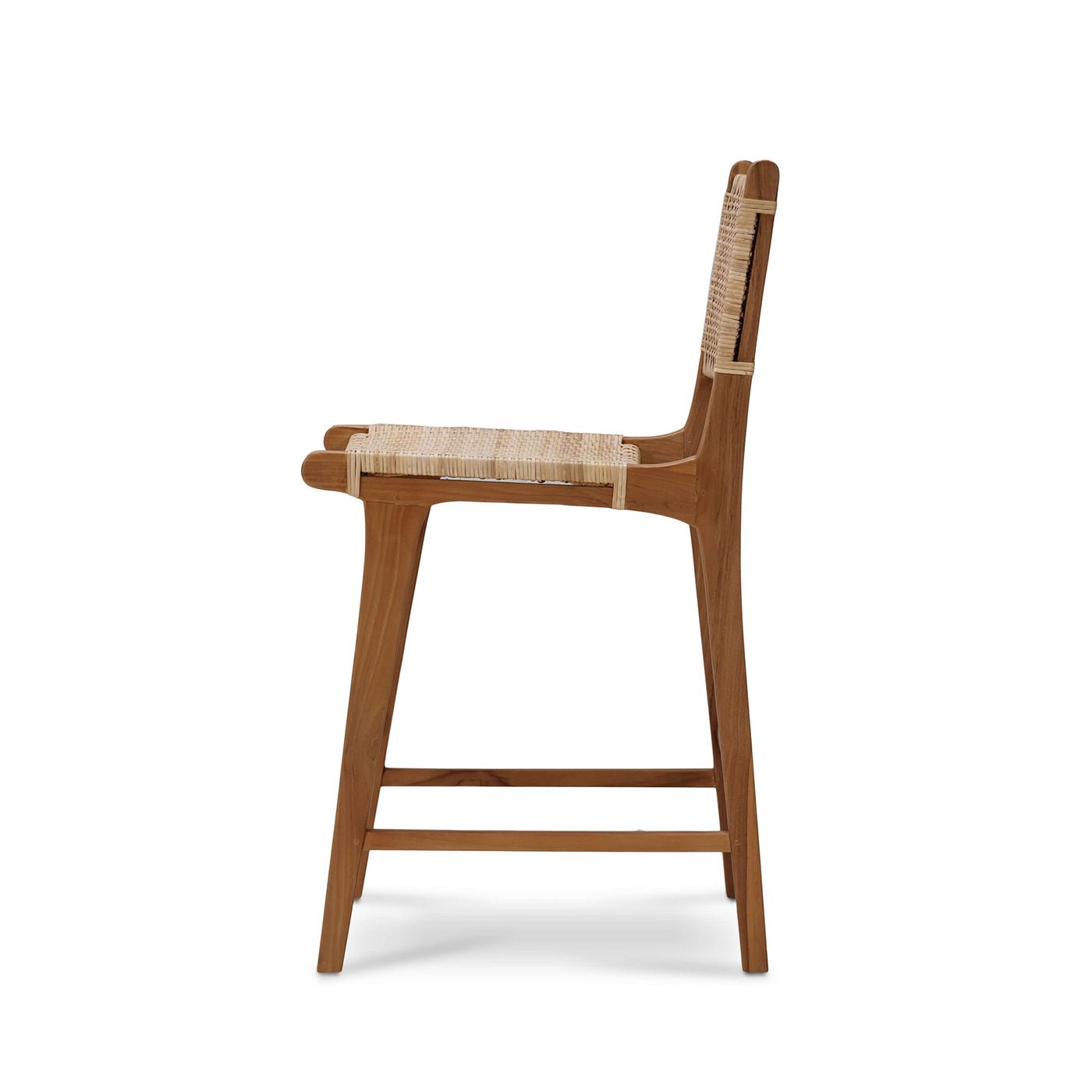 Teak counter stool, side view, natural wood finish.