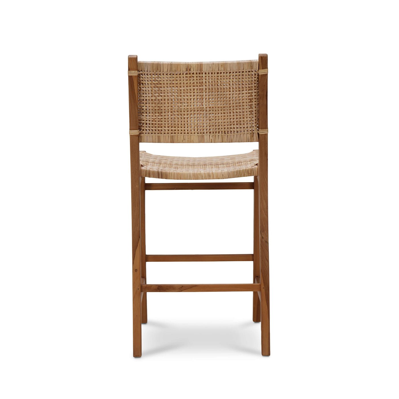 Teak counter stool, rear view, woven design.