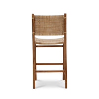 Teak counter stool, rear view, woven design.