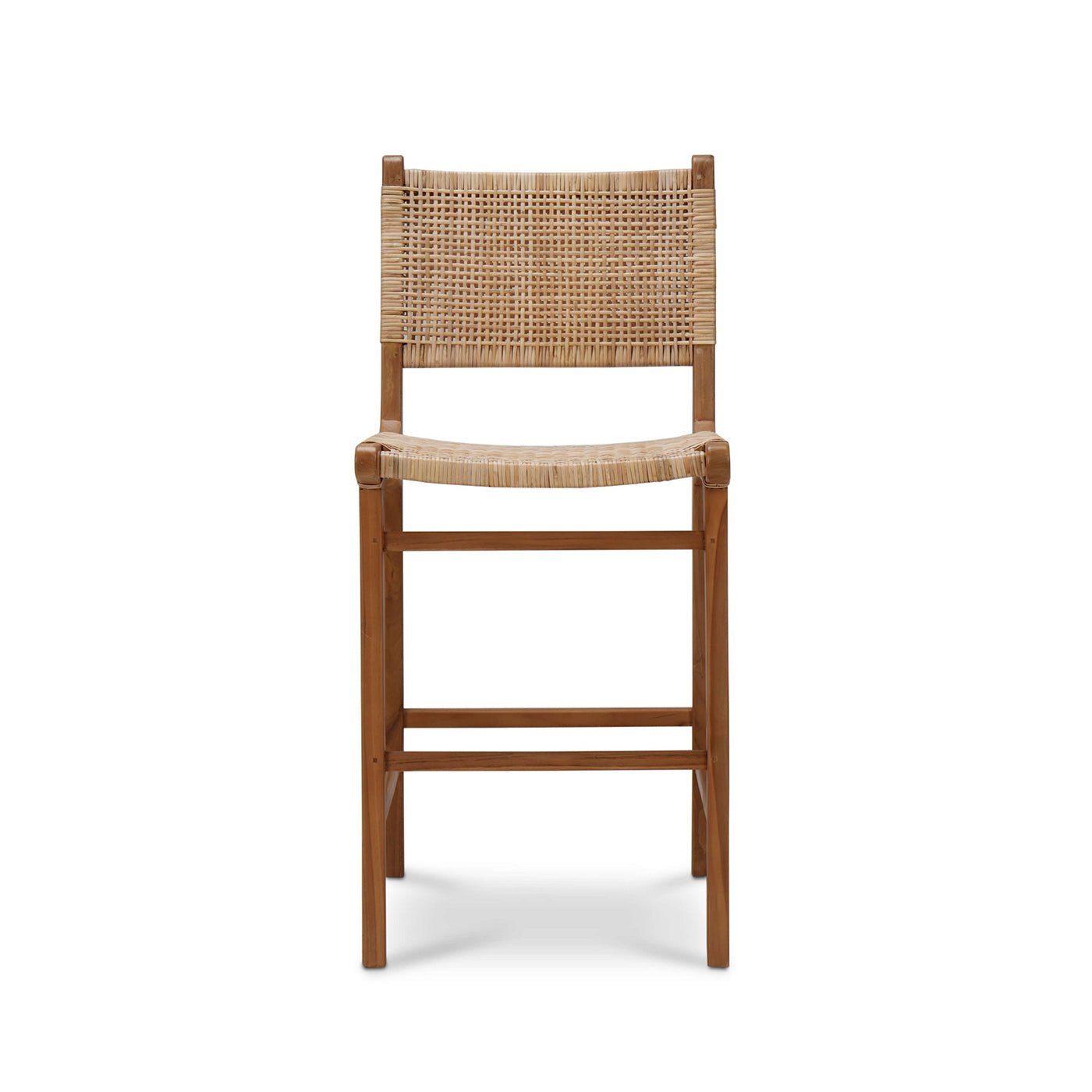 Teak counter stool, front view, woven backrest.