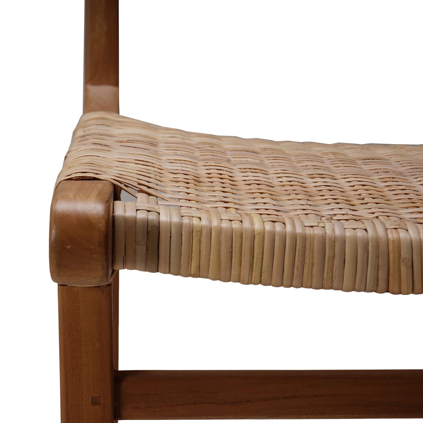Close-up, woven seat detail, teak counter stool.