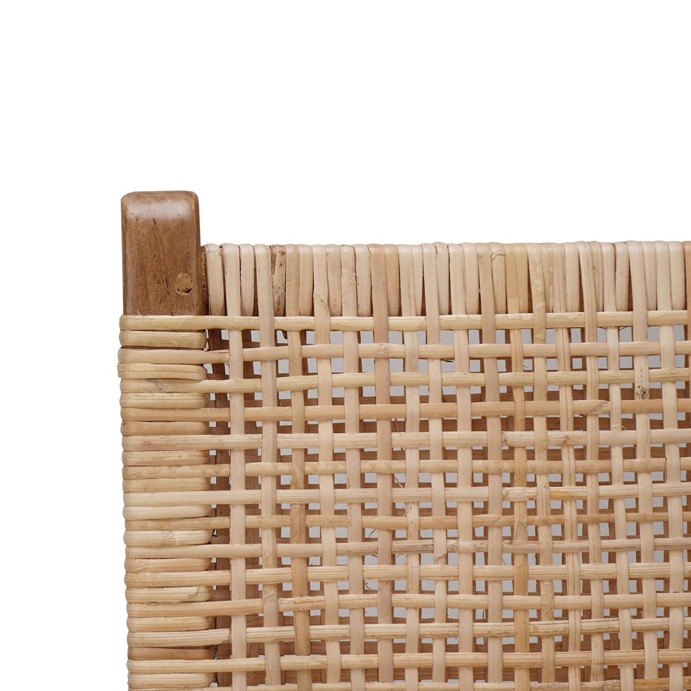 Close-up, woven backrest detail, teak counter stool.