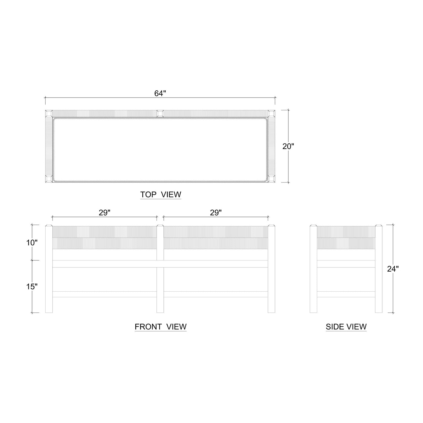 White bench with dimensions, schematic view.