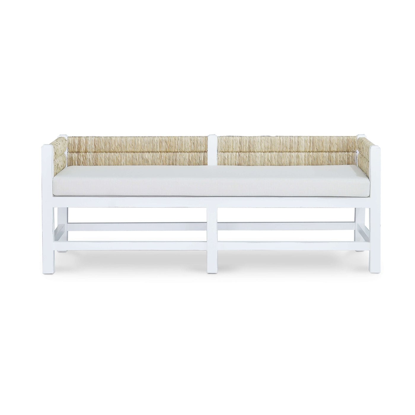 White bench with cushion, front view.