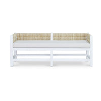 White bench with cushion, front view.