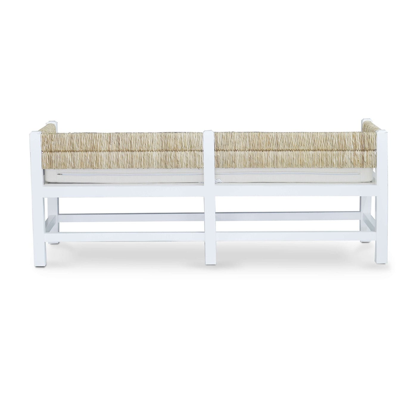 White bench with cushion, back view.