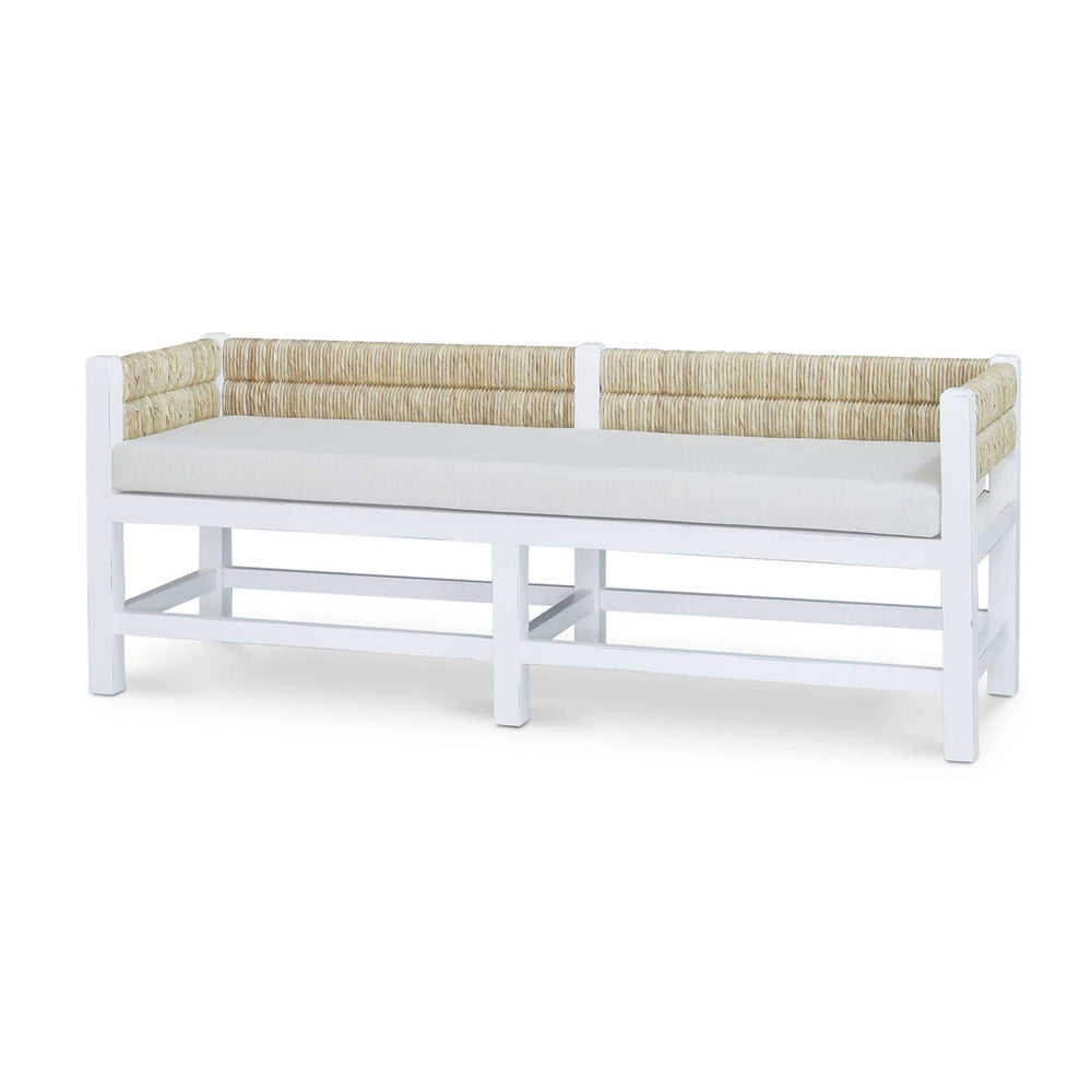 White bench with cushion, angled side view.