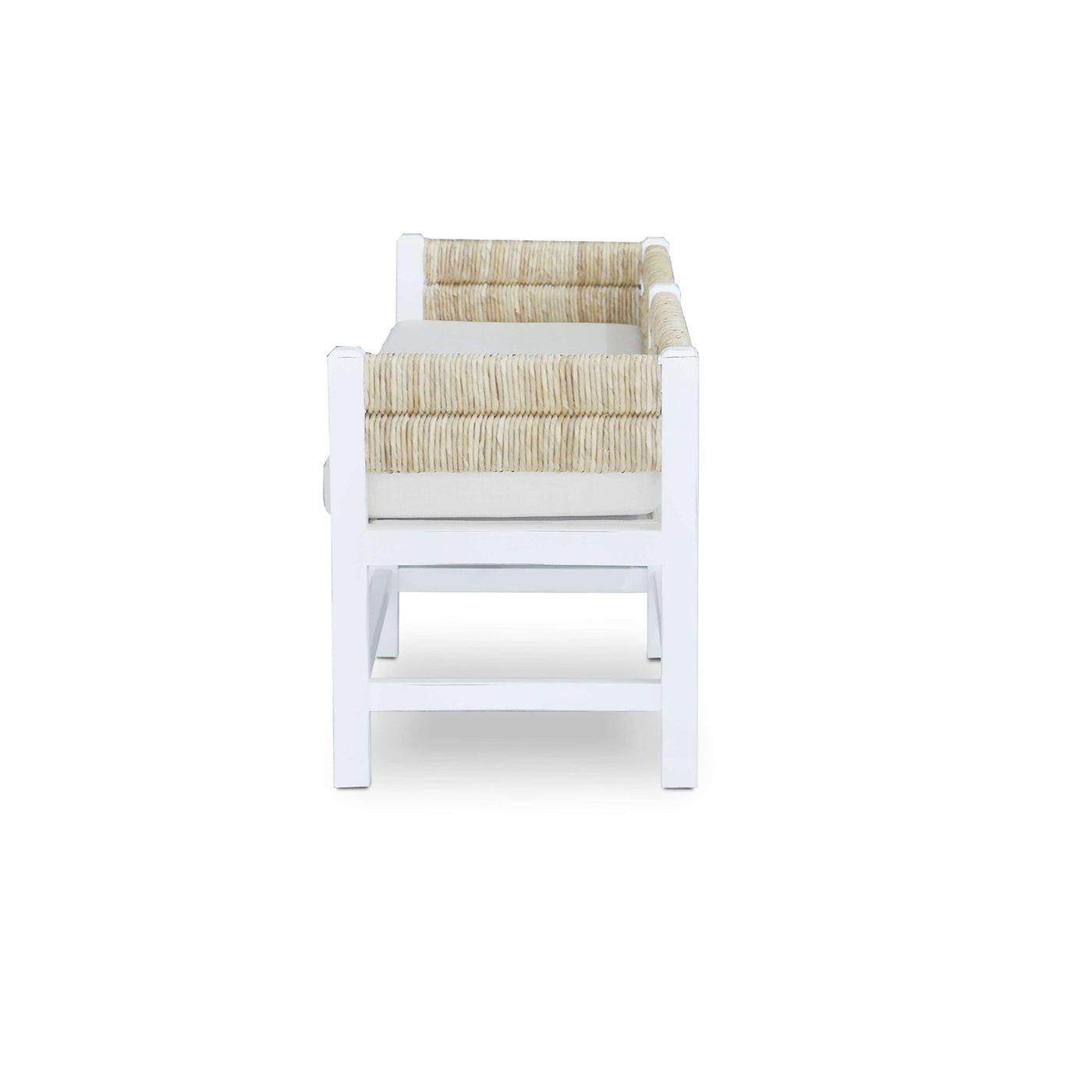 White bench with cushion, side profile.