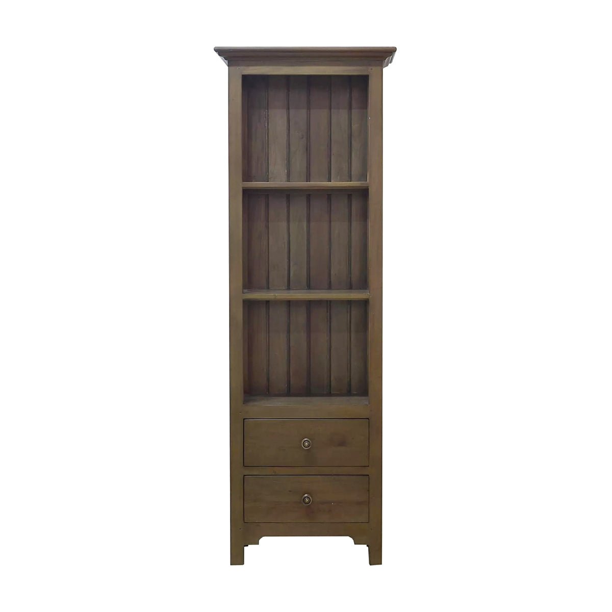 Front view of wooden bookcase with drawers, white background.
