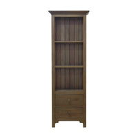 Front view of wooden bookcase with drawers, white background.