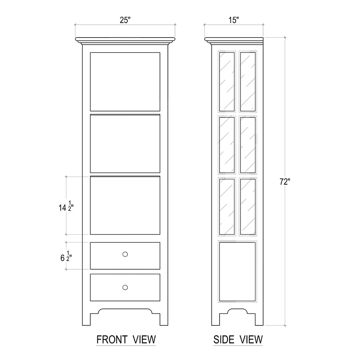 Technical drawing of wooden bookcase, dimensions included.