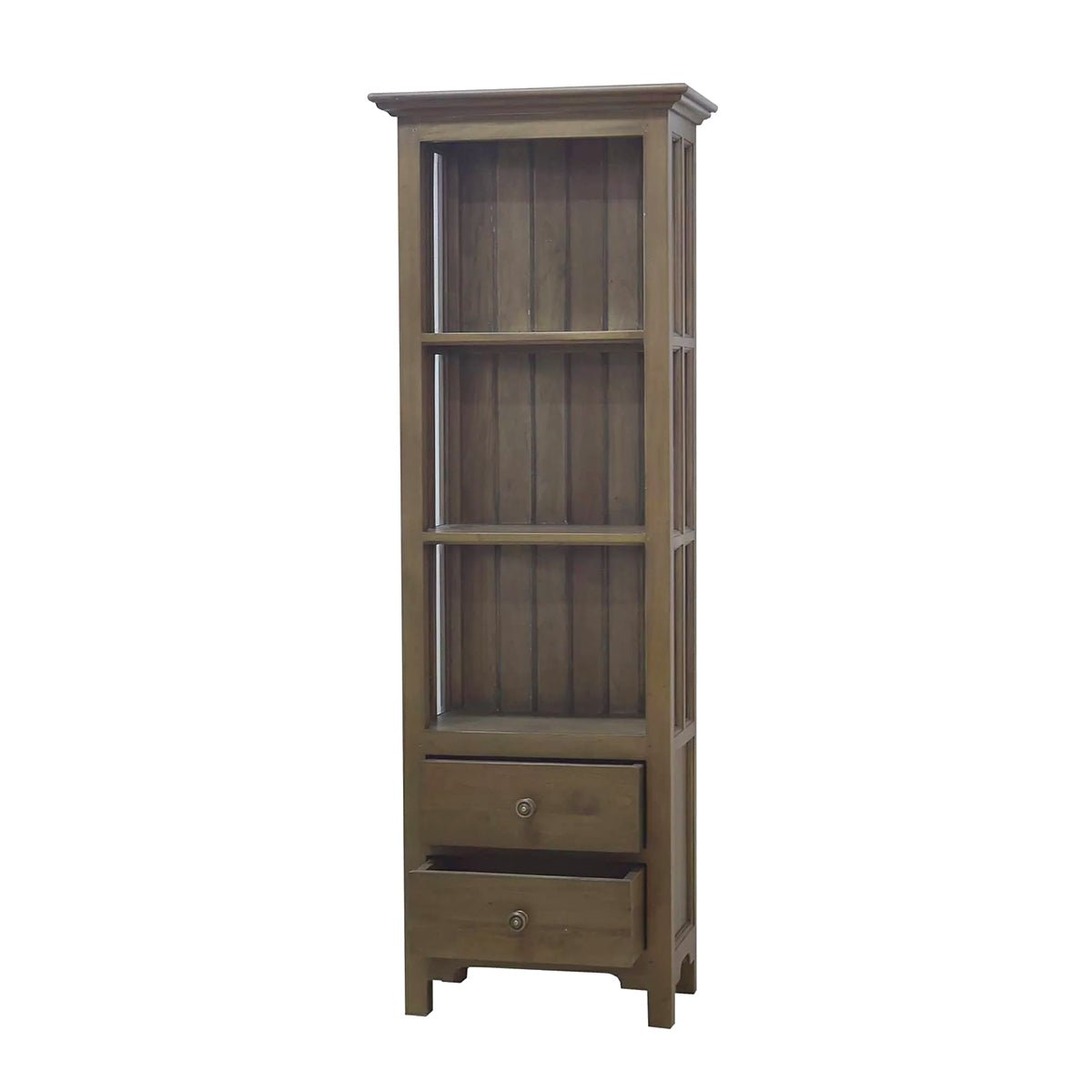 Wooden bookcase with one open drawer, white background.