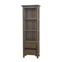 Wooden bookcase with one open drawer, white background.