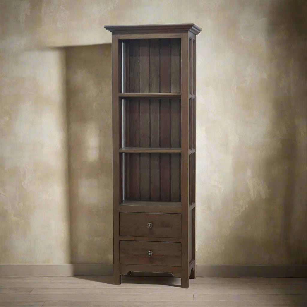 Wooden bookcase with rustic brown finish, textured wall backdrop.