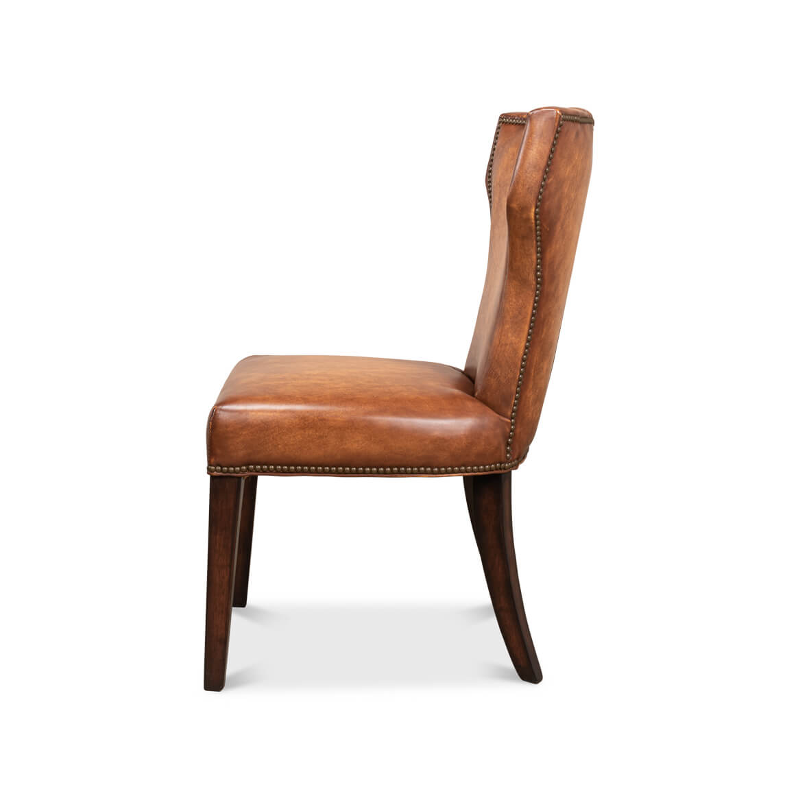 Cognac leather dining chair side profile, seat and legs.