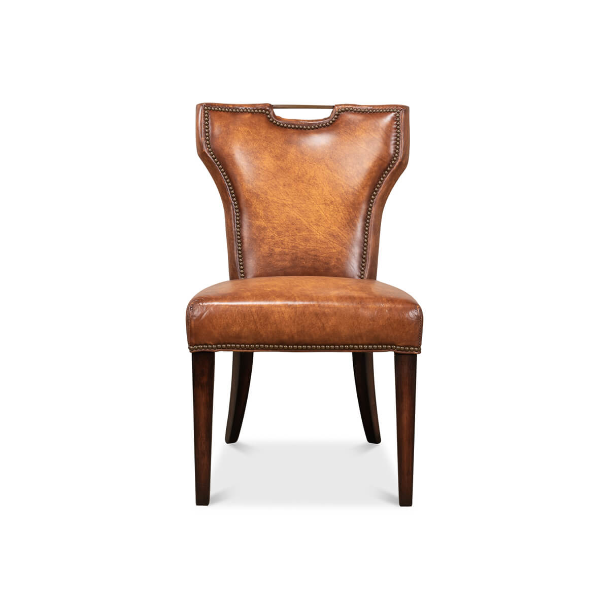 Cognac leather dining chair front view, nailhead detail.