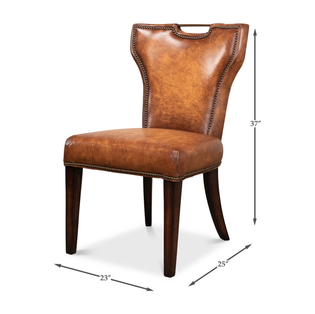 Cognac leather dining chair dimensions, front angle view.