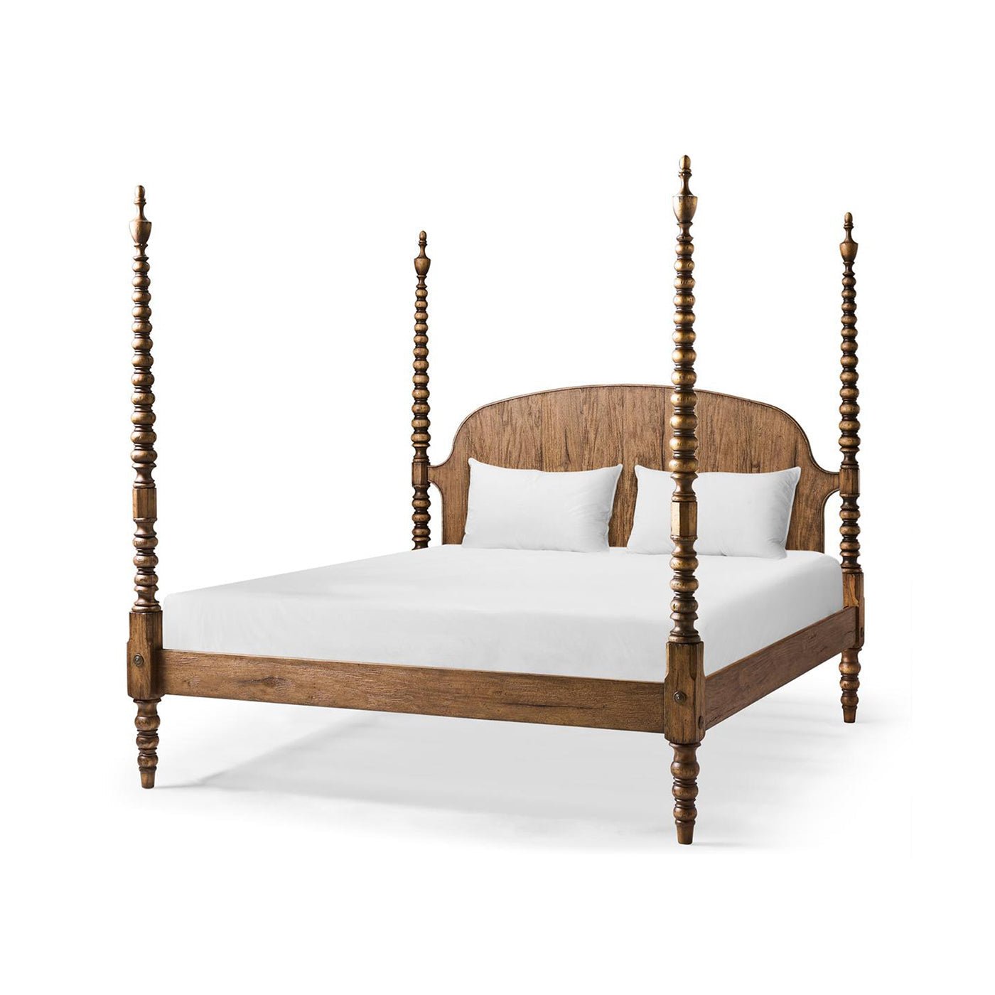 Colonial turned-post four-poster bed angled view.