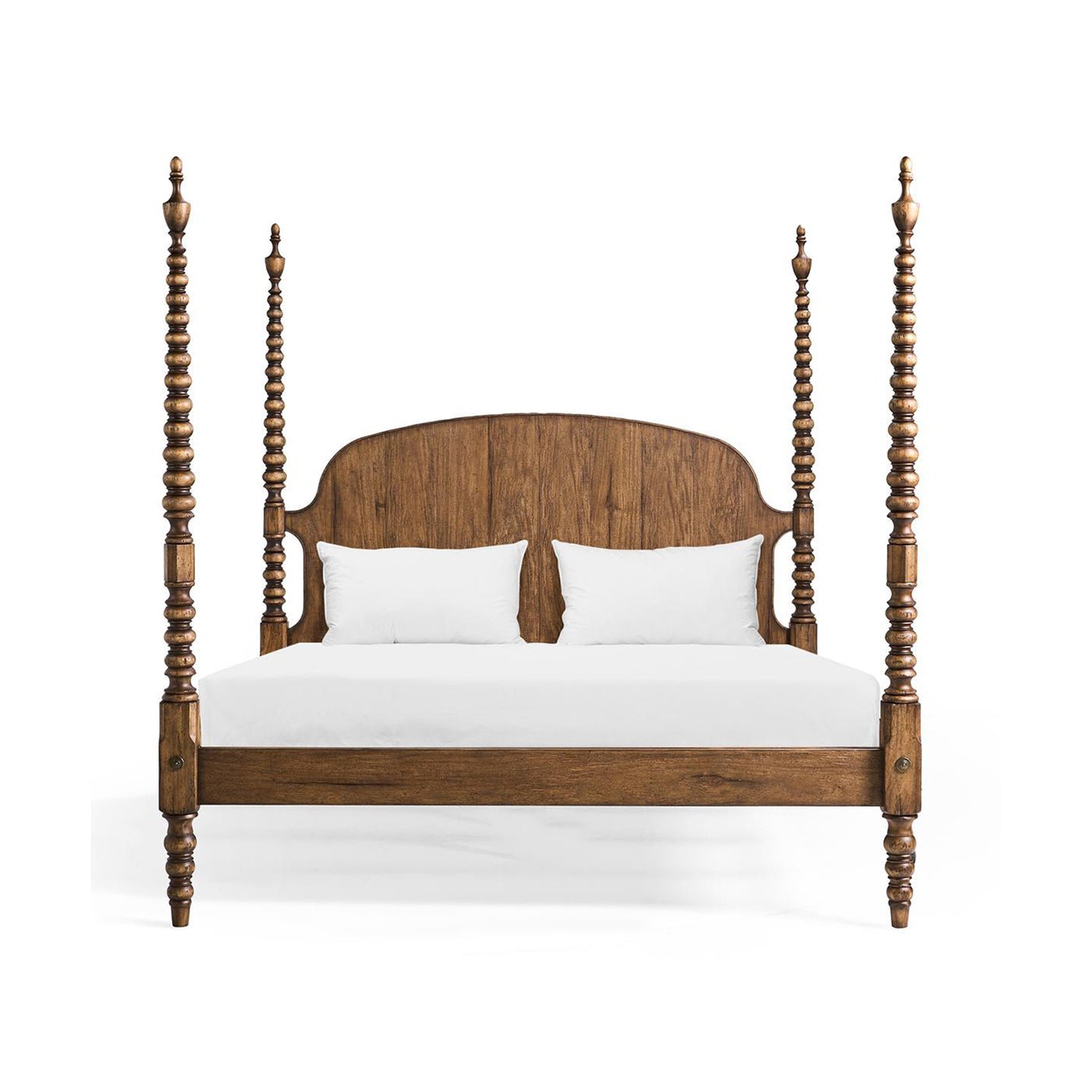 Wooden four-poster bed, frontal view, white pillows.