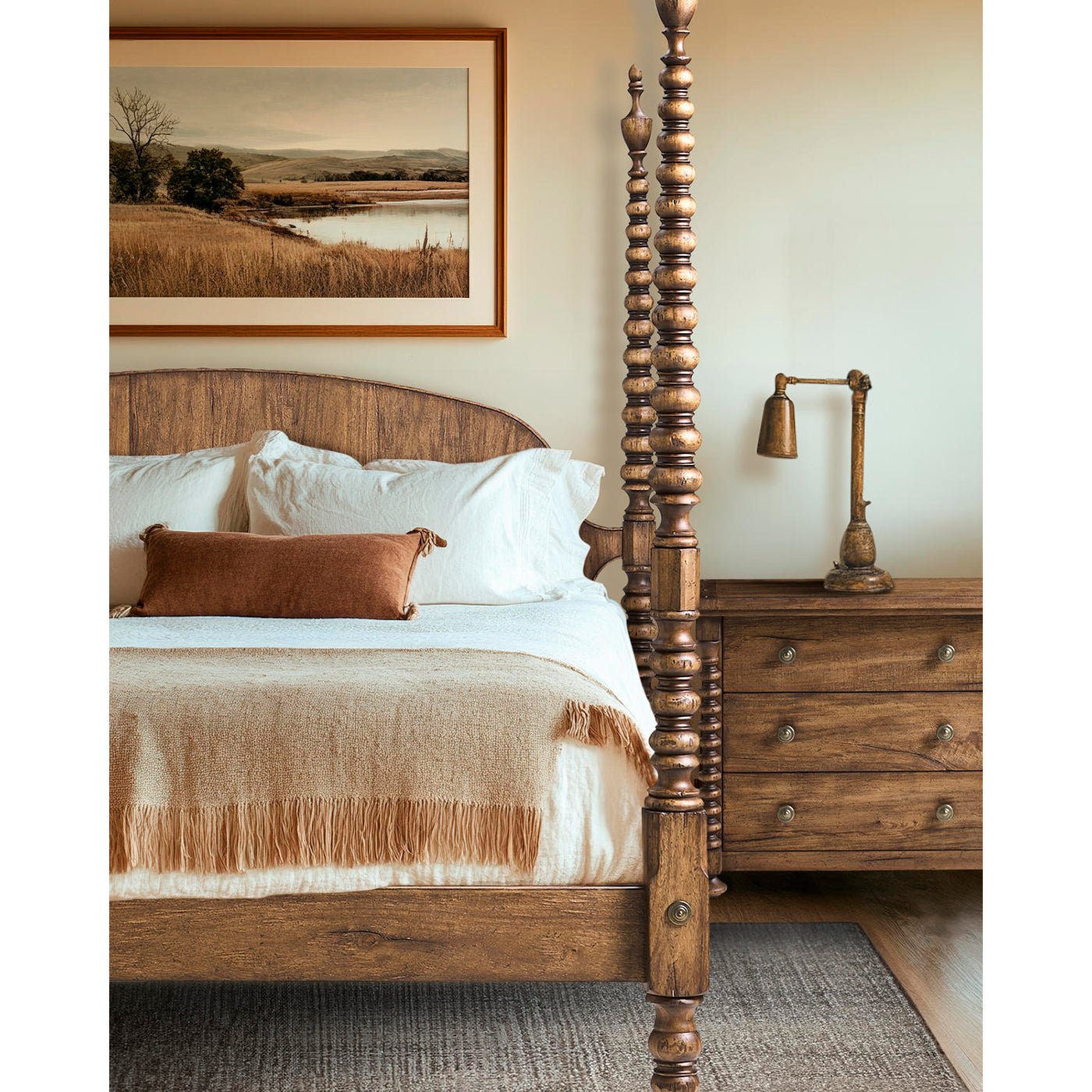 Colonial bed with turned posts in elegant bedroom decor.