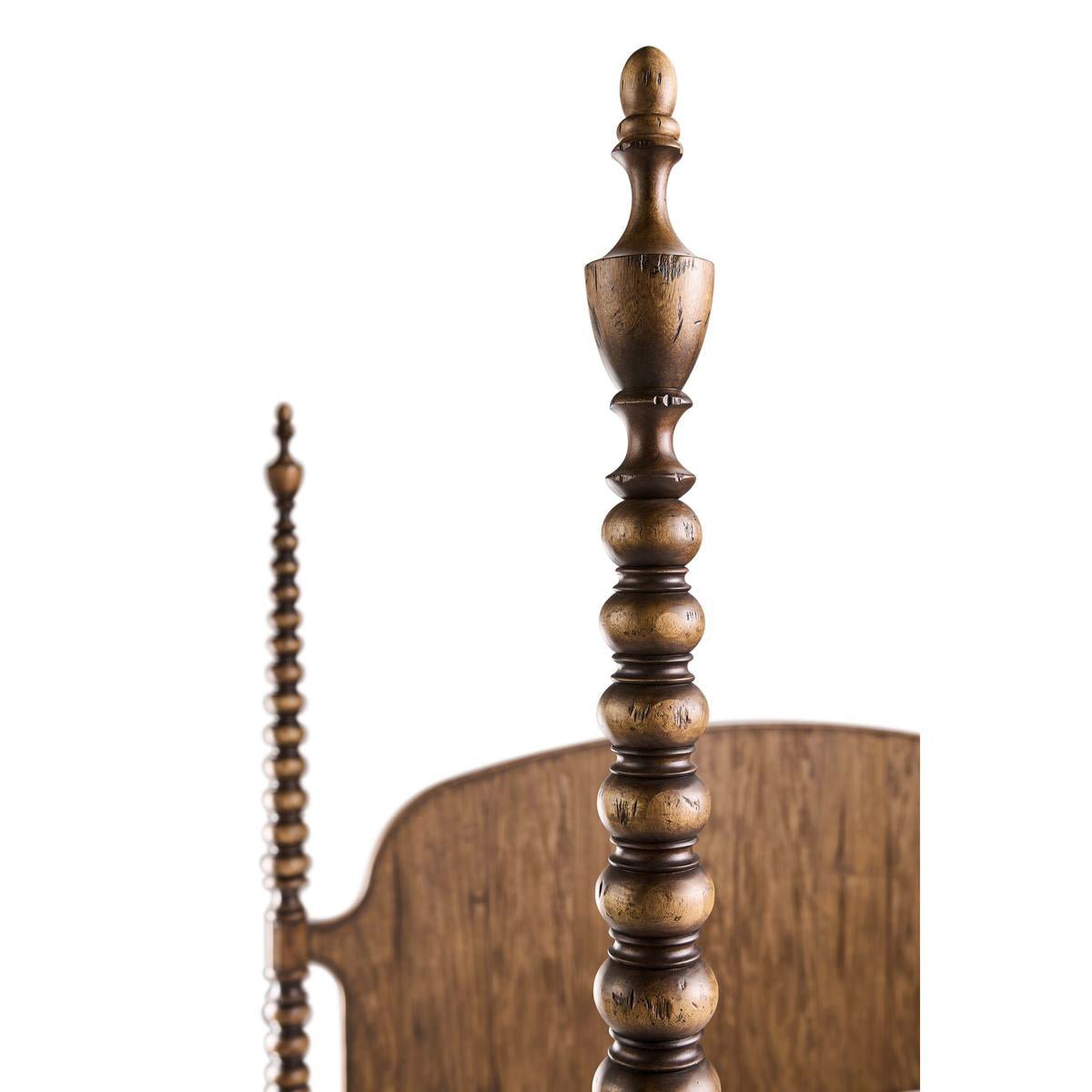 Close-up of turned-post detailing on colonial four-poster bed.