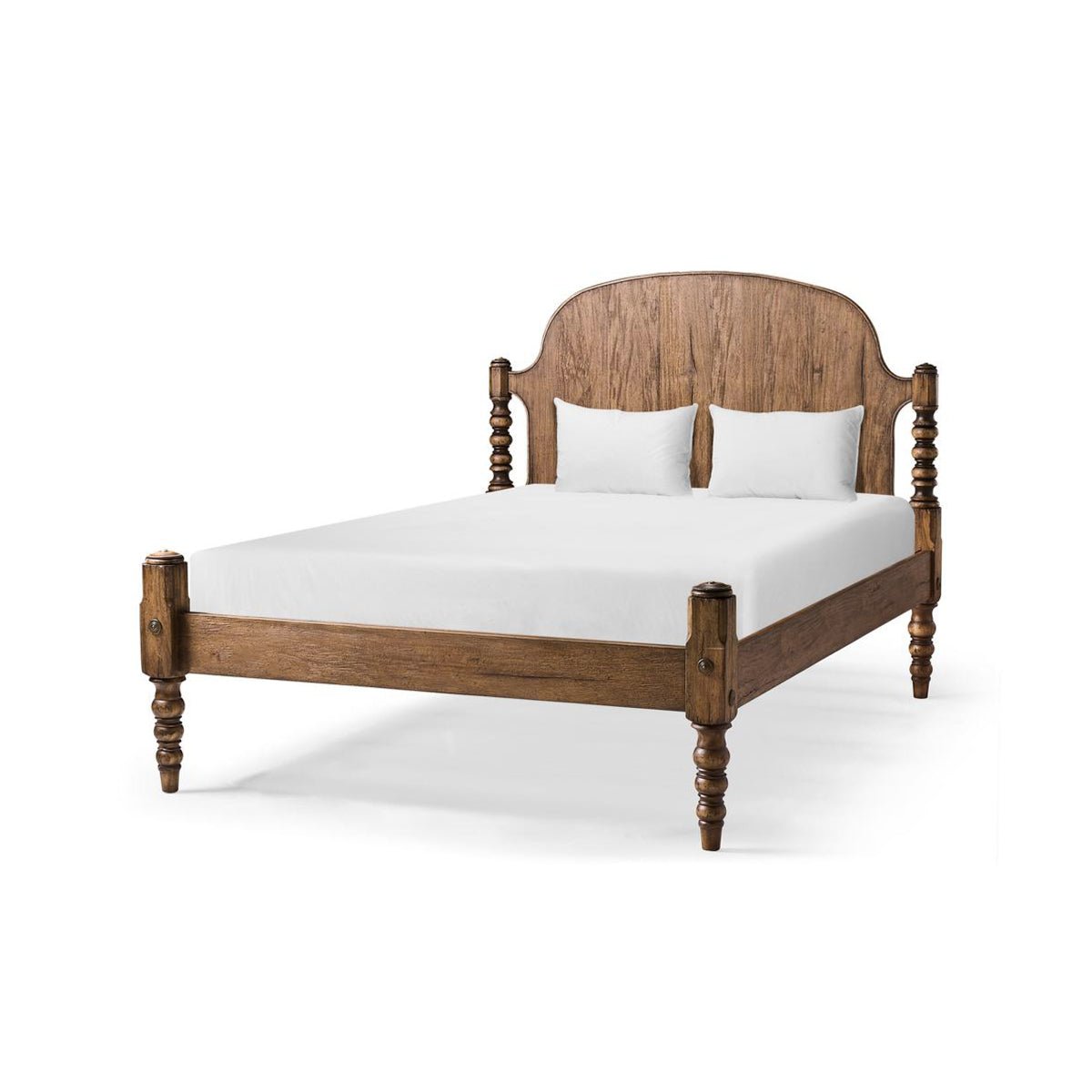 Colonial turned-post bed without canopy, showcasing sleek wooden design.