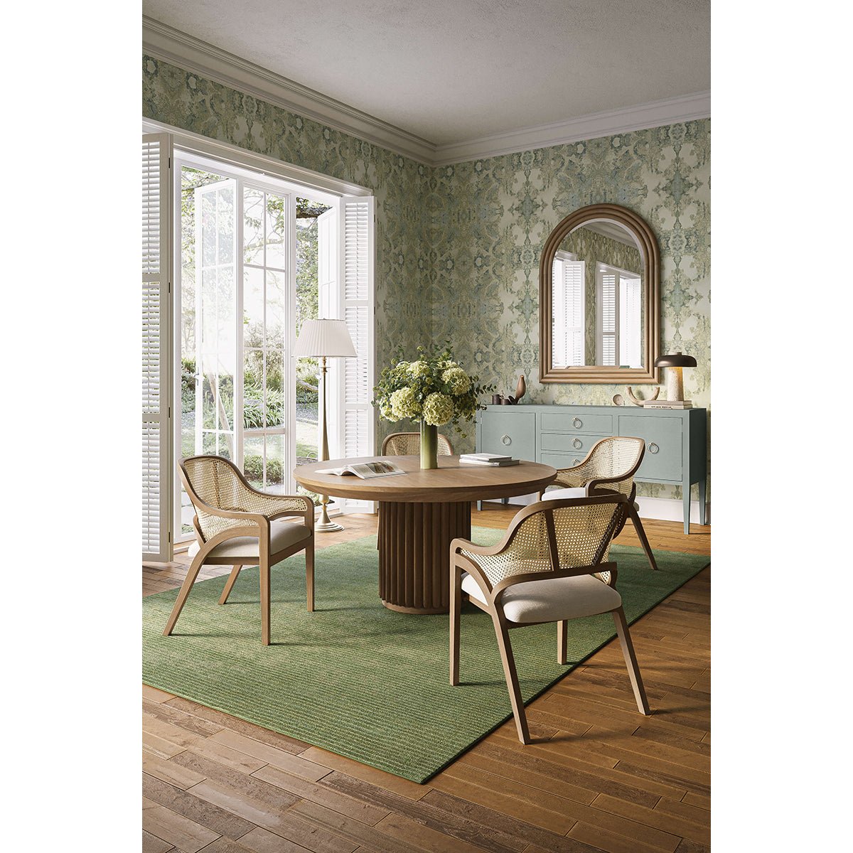 Room with blue linen sideboard and dining setup.