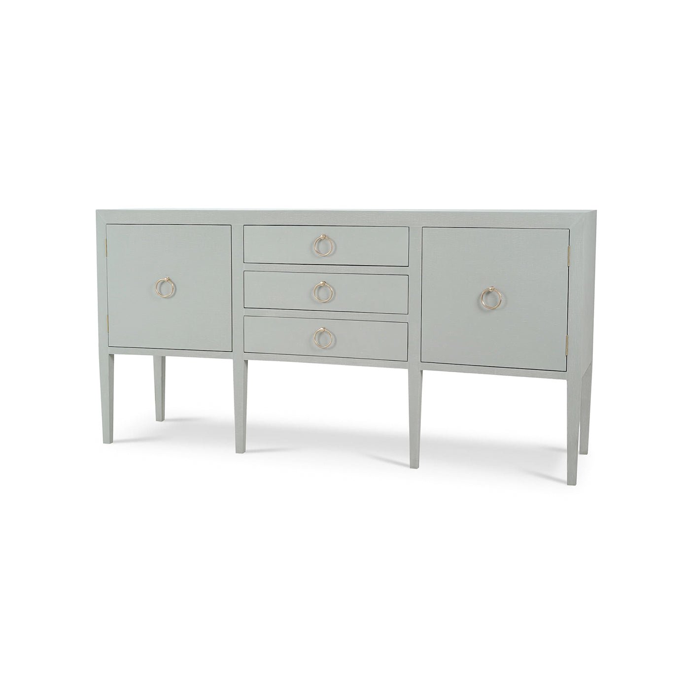 Blue linen sideboard front view with ring handles.