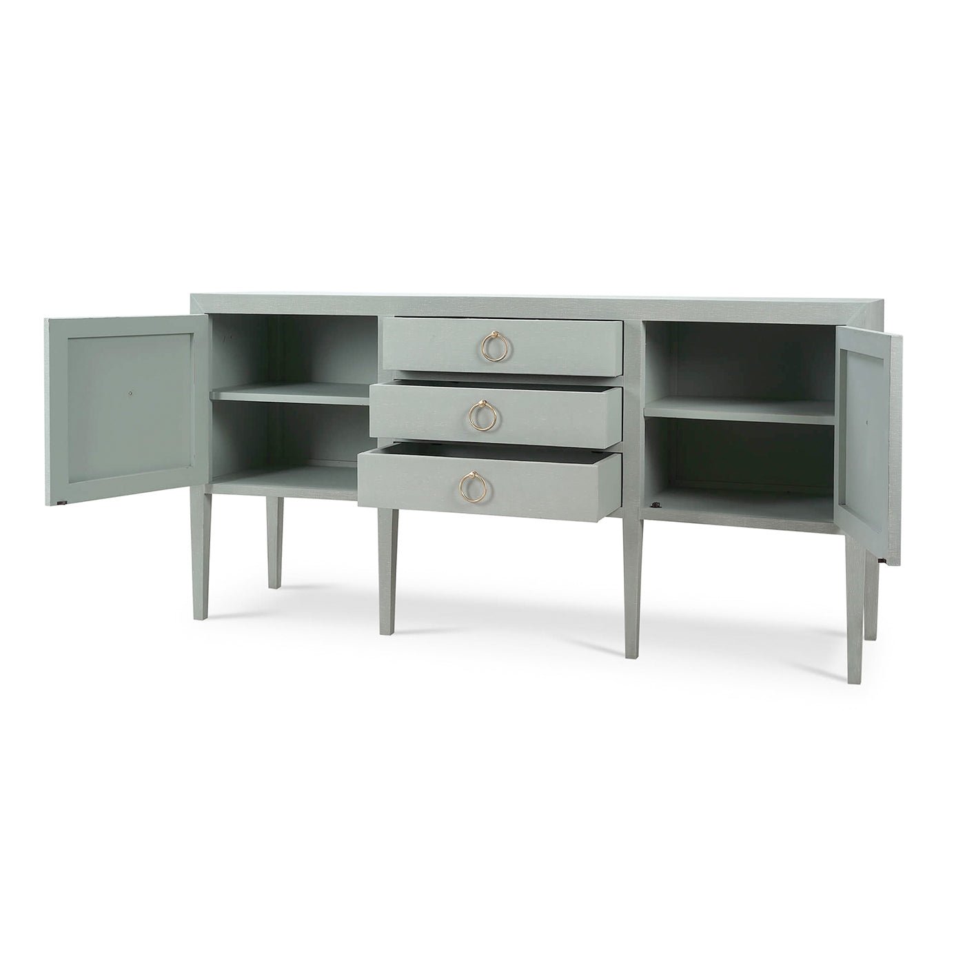Blue linen sideboard open drawers and cabinets display.