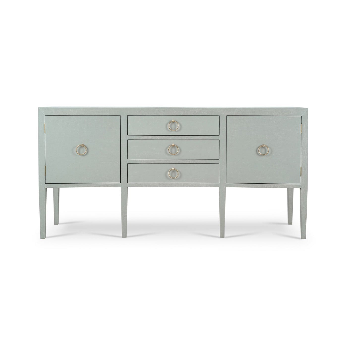 Blue linen sideboard front view, showcases design features.