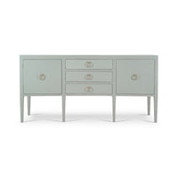 Blue linen sideboard front view, showcases design features.