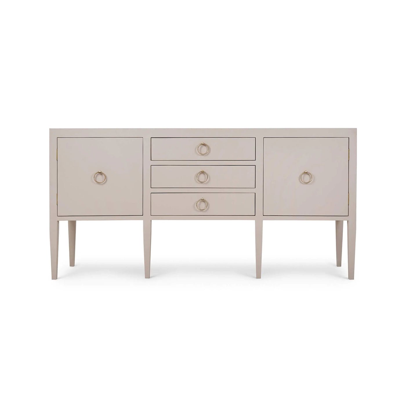 Concave sideboard detailed front view, cream linen finish.