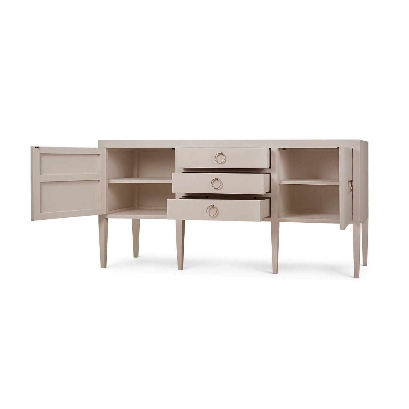 Sideboard open compartments and drawers, cream linen, spacious storage.