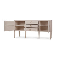 Sideboard open compartments and drawers, cream linen, spacious storage.