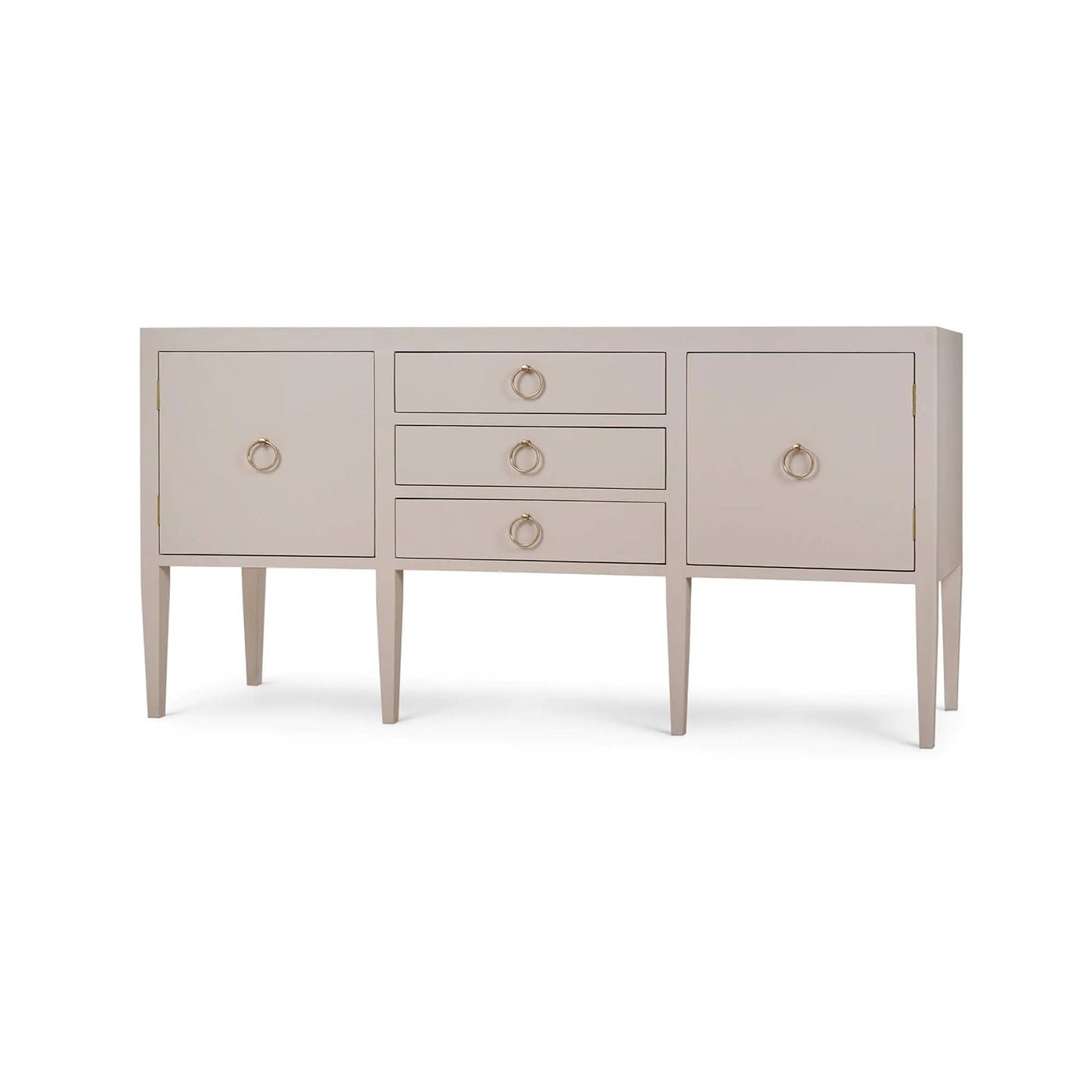 Concave modern sideboard front view, minimal design, cream linen.