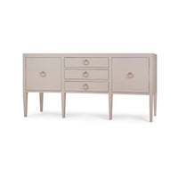 Concave modern sideboard front view, minimal design, cream linen.
