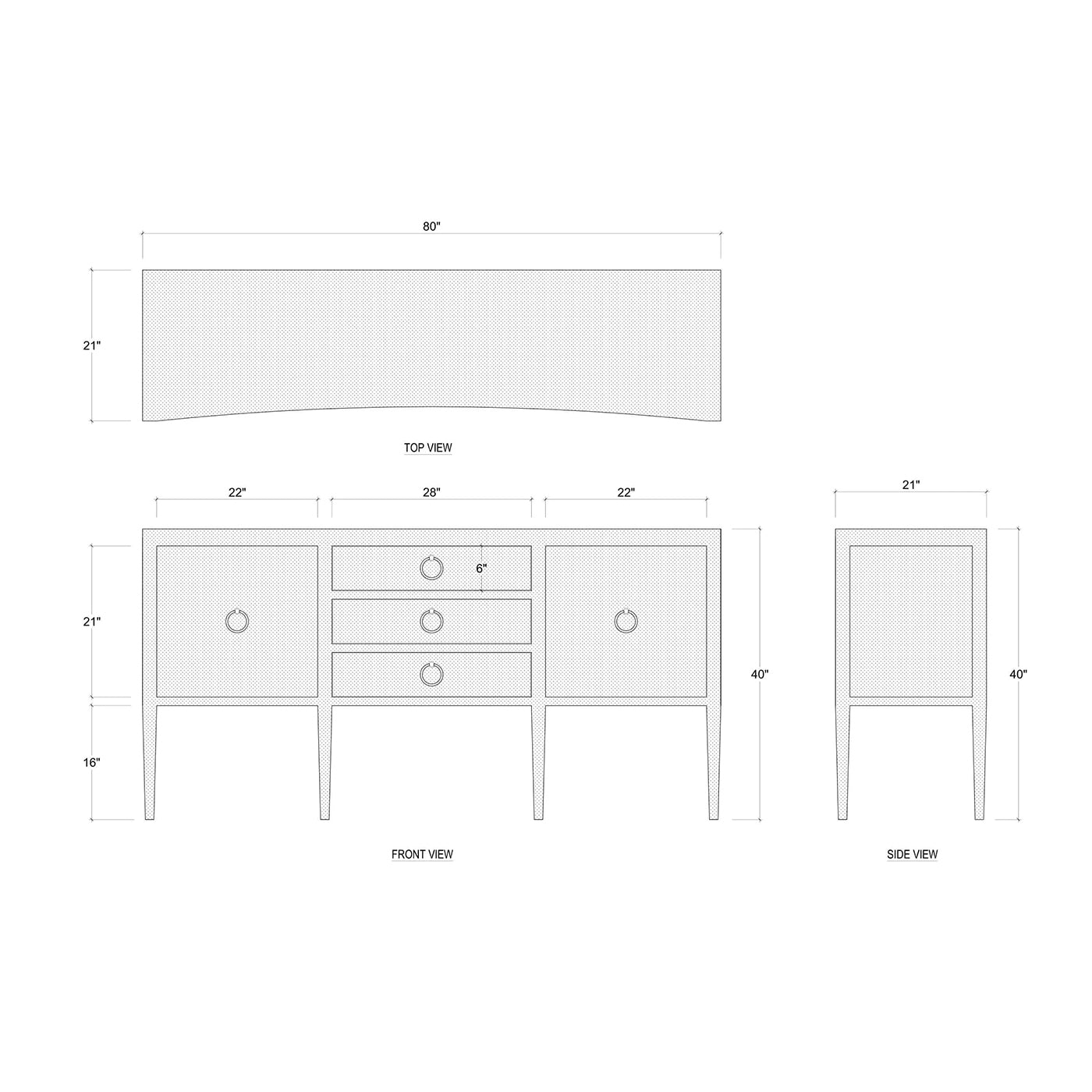 Sideboard schematic drawing with dimensions, cream linen, three views.