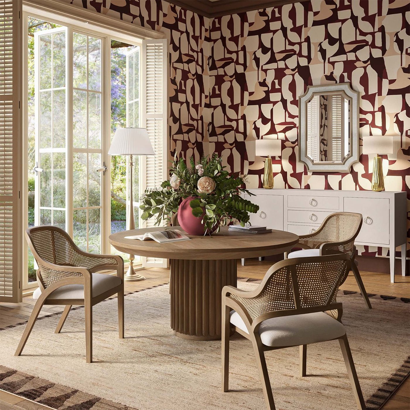 Sideboard with chairs and table, artistic wallpaper, bright interior.