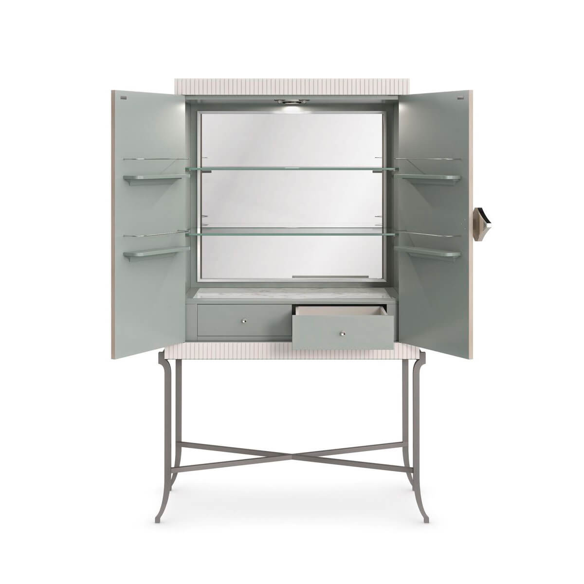 Open bar cabinet with one drawer slightly open.