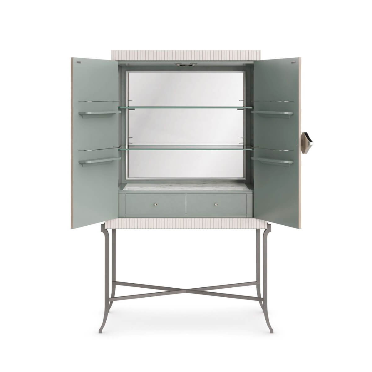 Open contemporary bar cabinet showing shelves and interior.