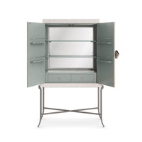 Open contemporary bar cabinet showing shelves and interior.