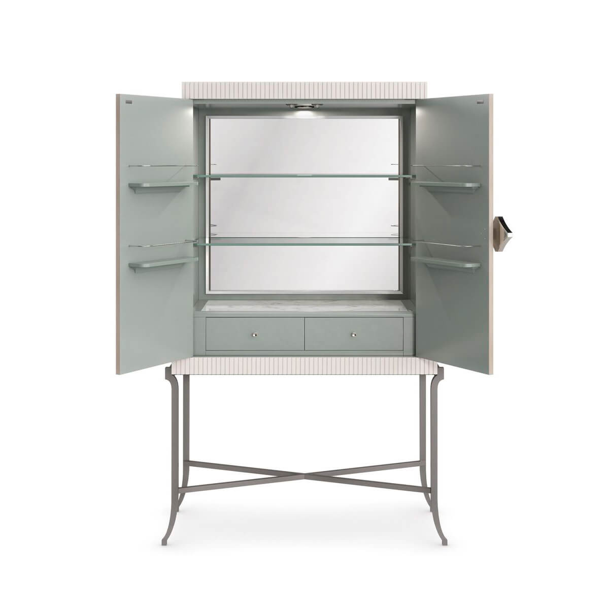 Open contemporary bar cabinet lit interior with two shelves.
