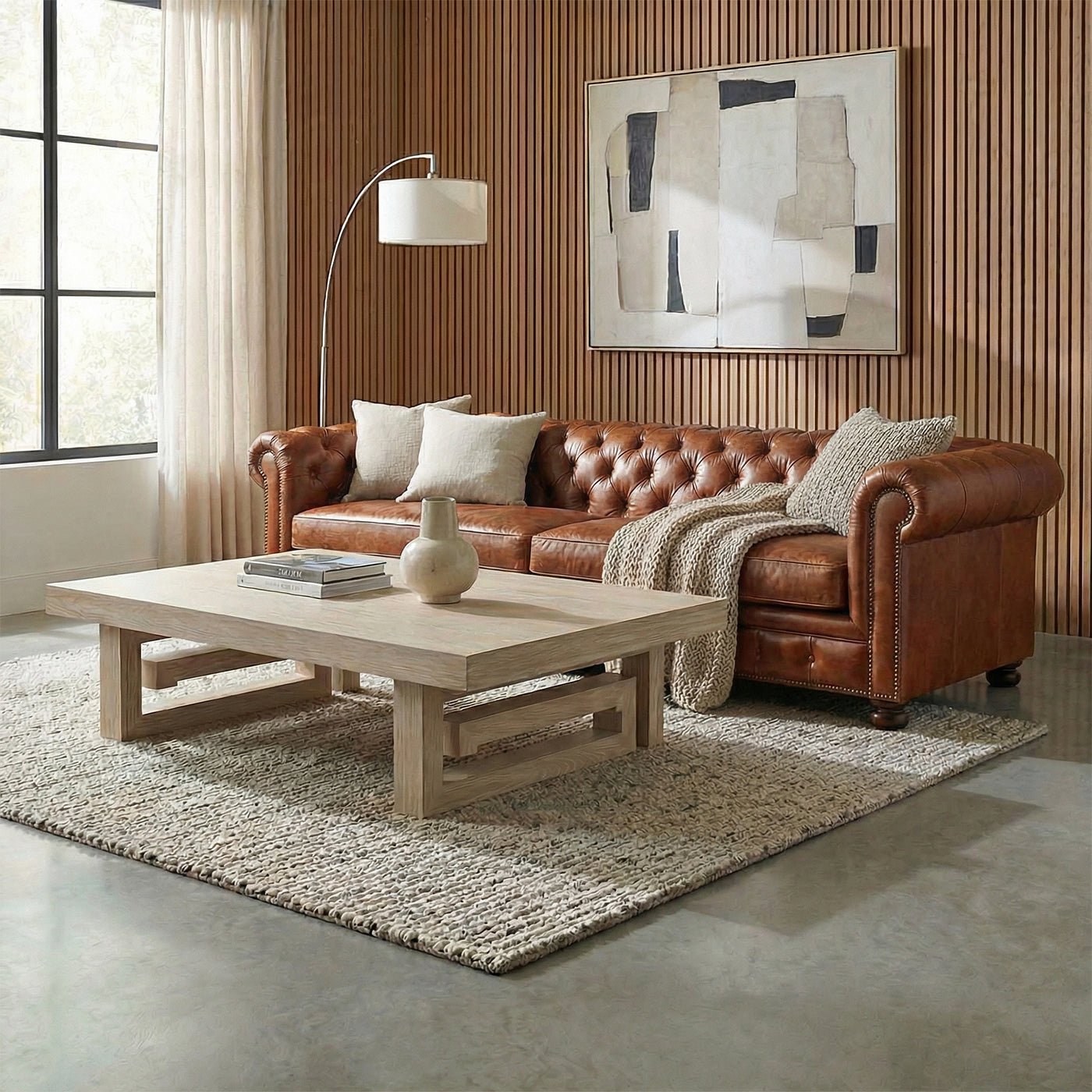Coffee table in living room, leather sofa, contemporary decor
